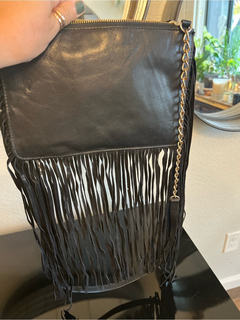 Black Fringe Crossbody Bag with Gold Chain made by Urban Code London - Picture 2 of 2